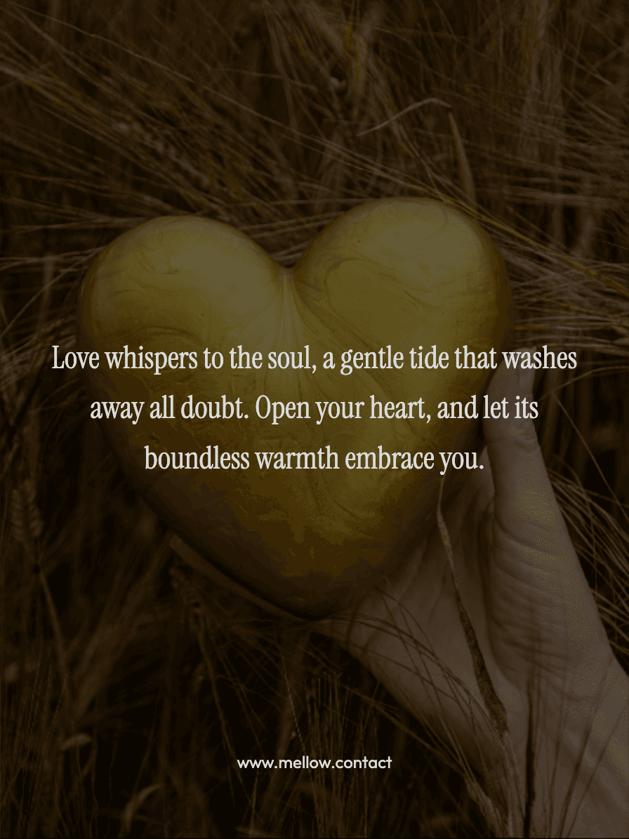 Love whispers to the soul, a gentle tide that washes away all doubt. Open your heart, and let its boundless warmth embrace you.