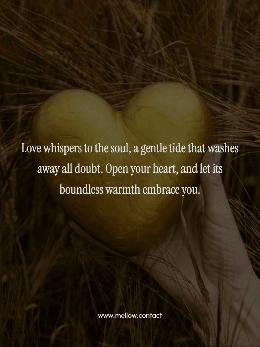 Love whispers to the soul, a gentle tide that washes away all doubt. Open your heart, and let its boundless warmth embrace you.